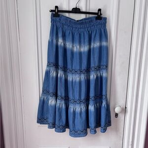 Women’s Lapis Denim Cotton Tiered Tie Dyed Embroidered Elastic Waist Maxi Skirt